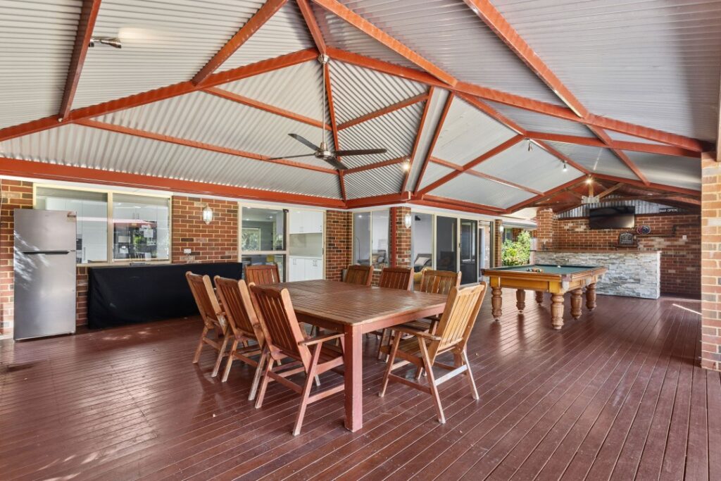outdoor dining table and a bar.