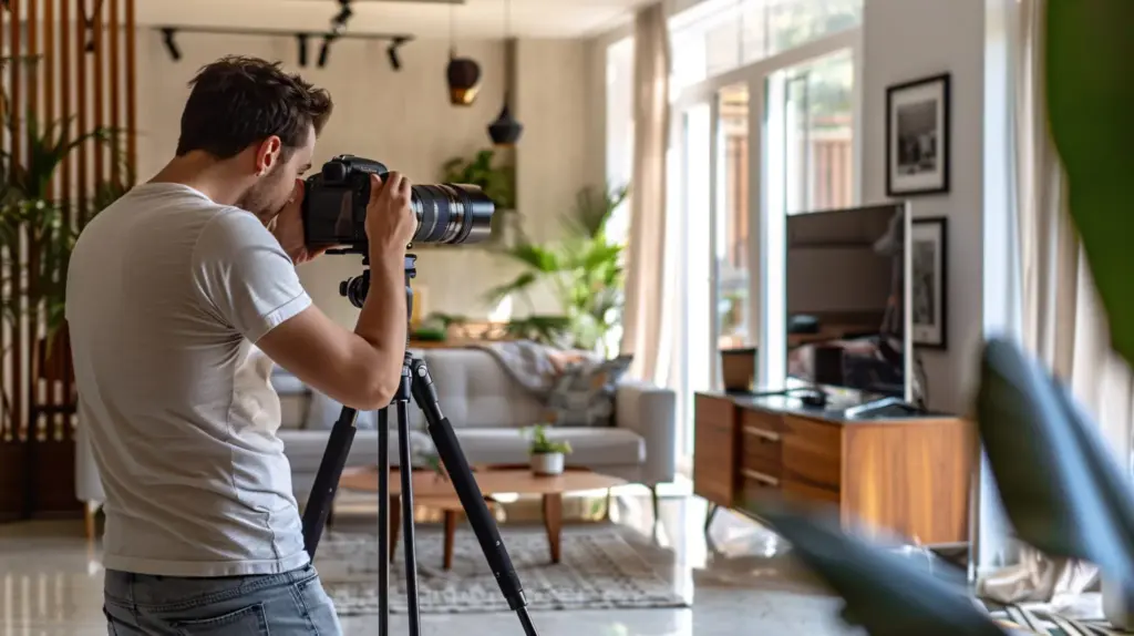 A person taking an Airbnb photo in the living room