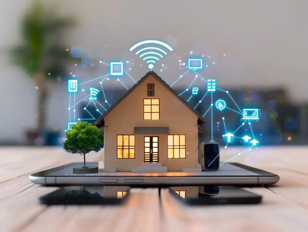 Smart home model on a smartphone with connected technology icons and Wi-Fi signals.
