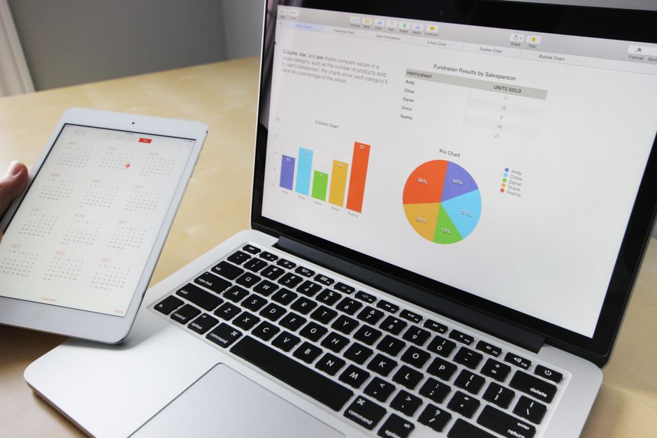 Laptop displaying financial charts and graphs for revenue planning and analysis.