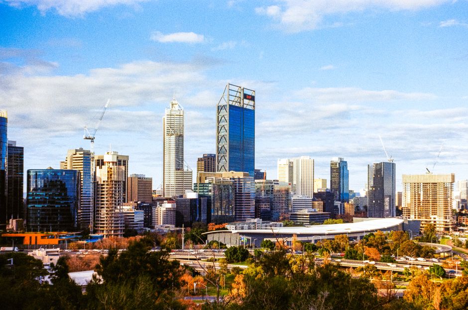 Perth cityscape aerial view featuring modern skyscrapers and urban architecture.