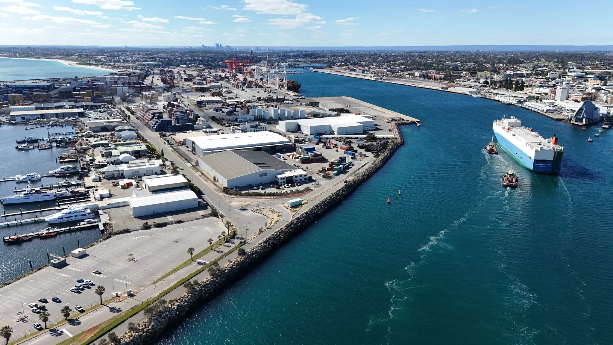 Aerial view of Fremantle Port with a ship arriving at the inner harbour