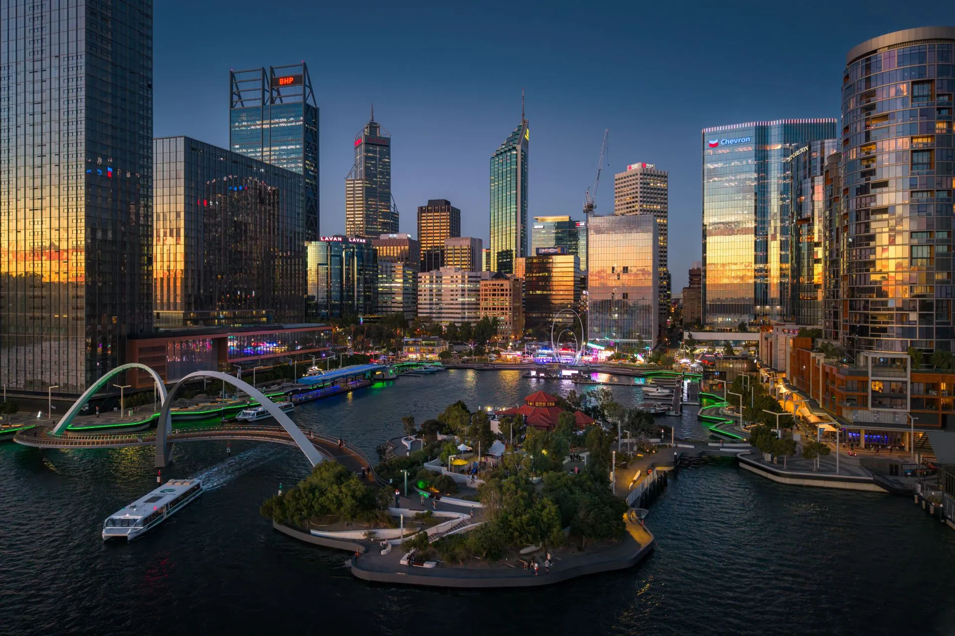 Perth city skyline and Elizabeth Quay at dusk