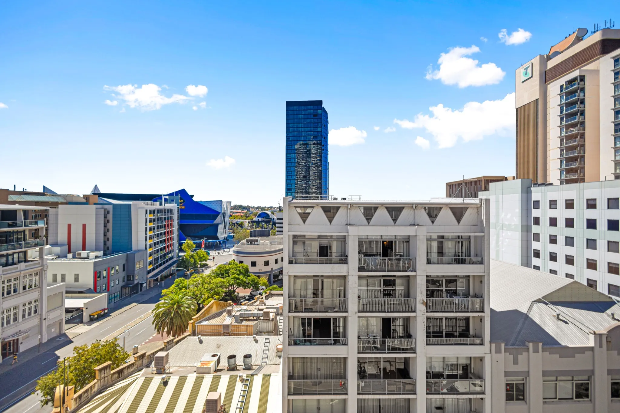 Perth CBD skyline seen from an apartment on Murray Street managed by Sepal Stays